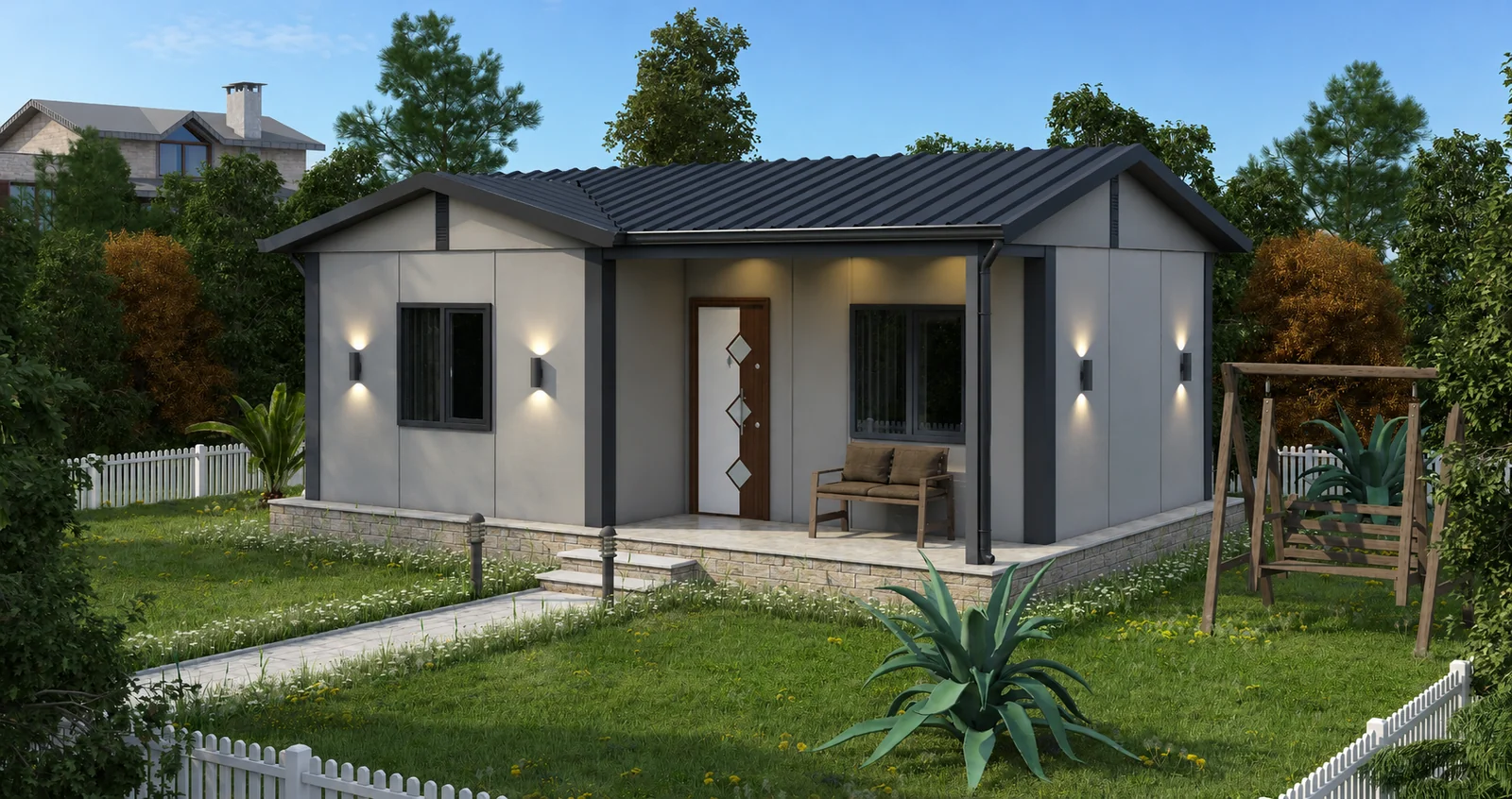 ECELA PF-40 tek katlı prefabrik evin gündüz dış cephe görünümü